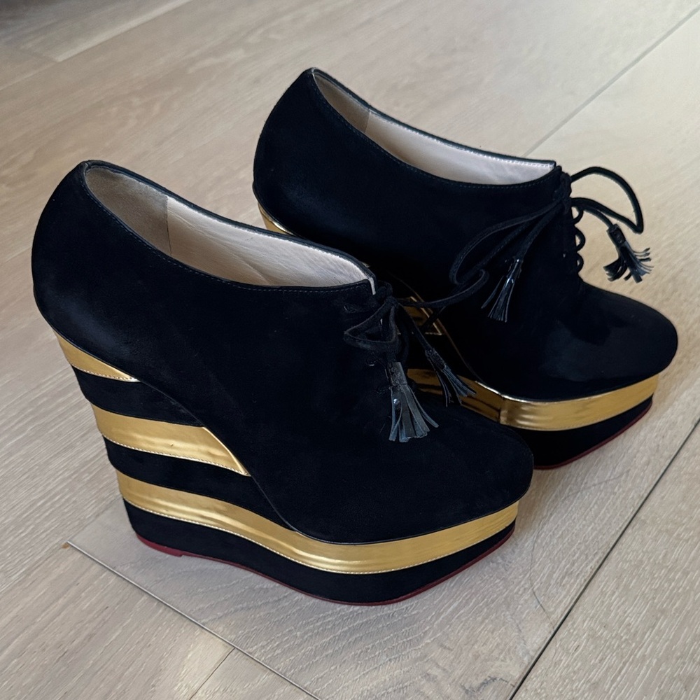Charlotte Olympia Black and Gold Martha Platform Wedge Booties - Picture 5 of 9